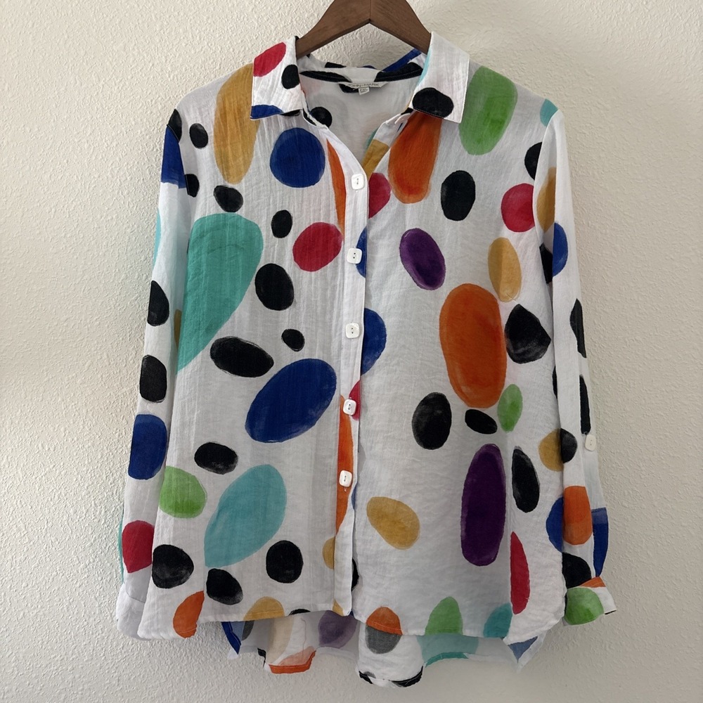 John Mark Button Up Women's Polka Dot Blouse Shirt PXL Art To Wear